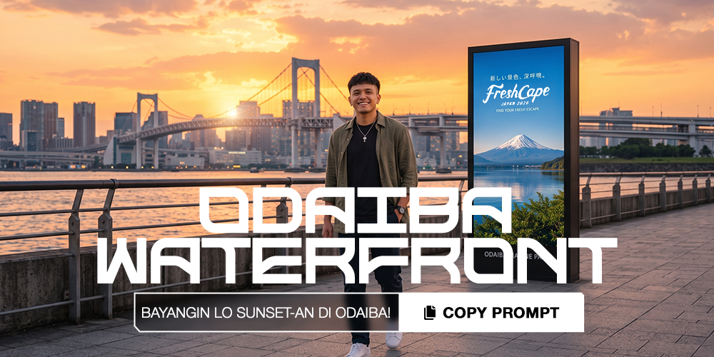 Gunakan foto yang diunggah sebagai referensi orangnya. Buat foto realistis yang memperlihatkan saya sedang menikmati pengalaman FRESHCAPE di Jepang. Saya berjalan di tepi pantai Odaiba dengan latar Rainbow Bridge dan skyline Tokyo saat matahari terbenam, mengenakan outfit modern yang stylish dengan senyum natural. Di area promenade terdapat billboard digital bertuliskan FRESHCAPE. Gaya fotografi travel ultra realistis dengan pencahayaan sunset sinematik, detail tinggi, komposisi portrait rasio 3:4, hanya satu foto, tanpa kolase.
